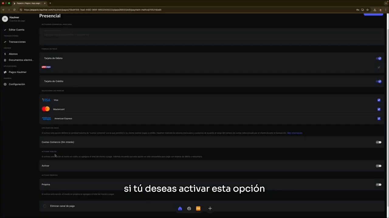 Activación de la opción de vuelto