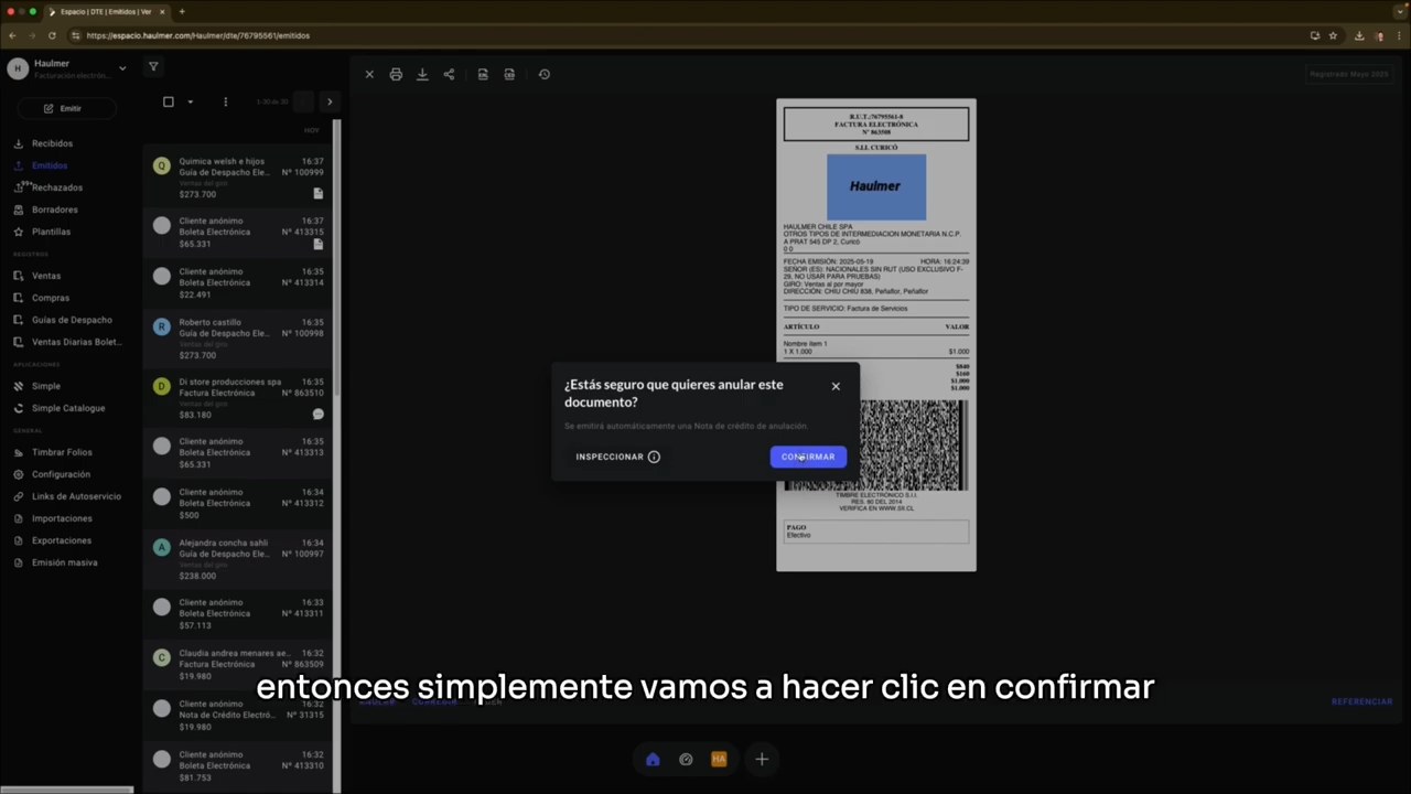 Ventana emergente de confirmación para anular el documento