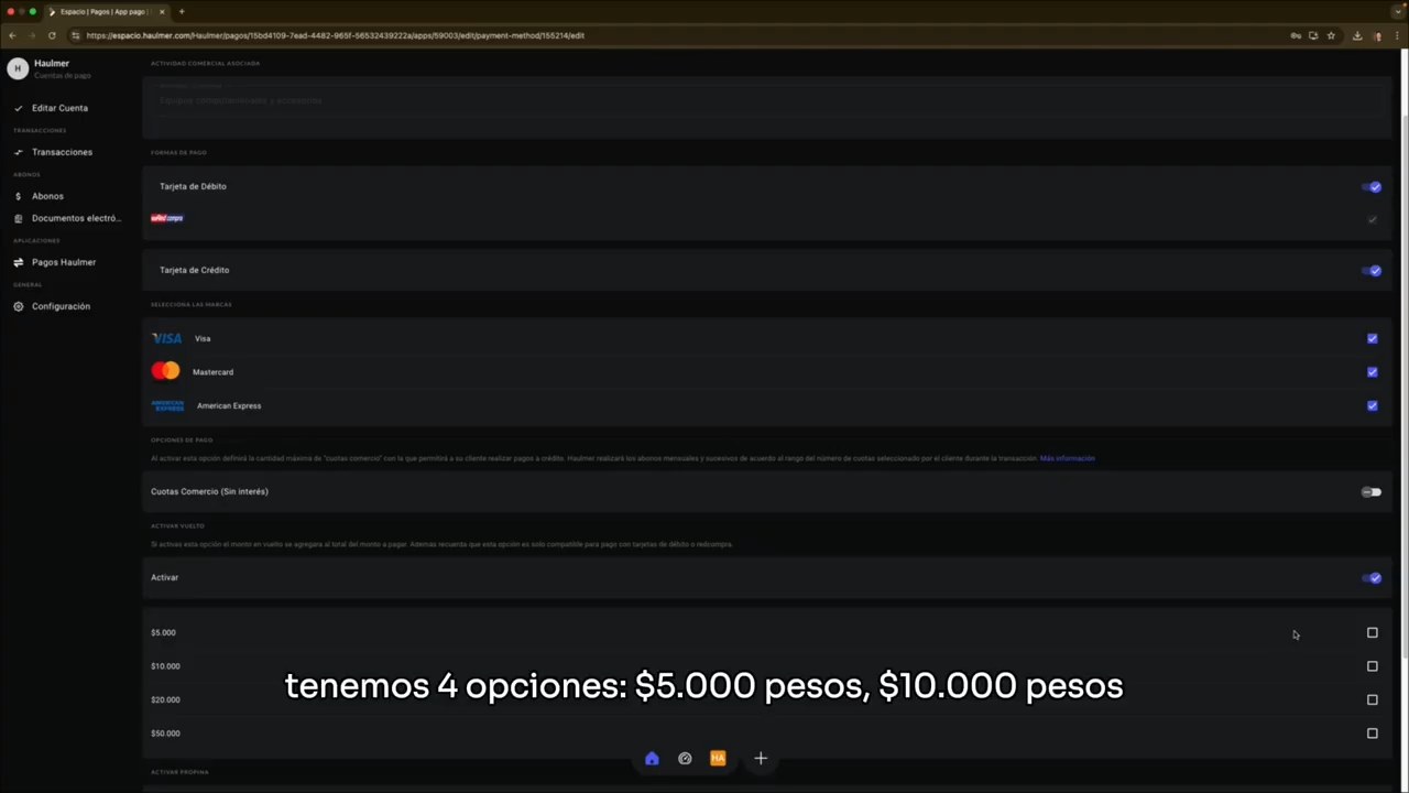 Selección de los montos de vuelto permitidos