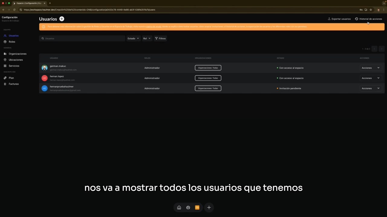 Vista del listado de usuarios con sus respectivos estados