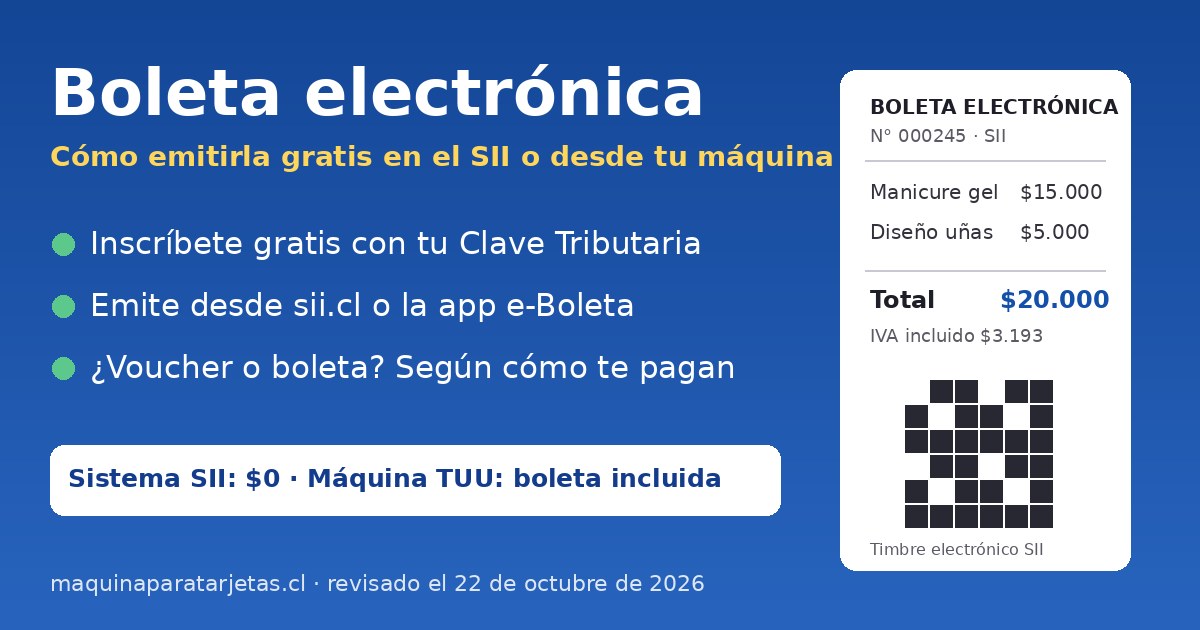 Boleta electrónica de ejemplo de una manicure por $20.000 con IVA incluido y pasos para emitirla en el SII