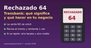 Máquina Transbank con el mensaje Rechazado 64: la venta no se cobró, revisa el monto y reintenta una vez