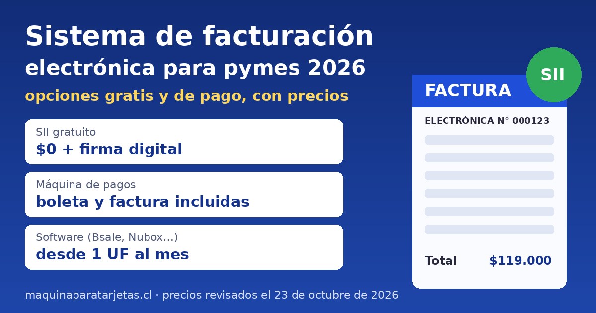 Sistema de facturación electrónica para pymes en Chile 2026: SII gratuito, máquina de pagos con boleta y factura, y software desde 1 UF al mes
