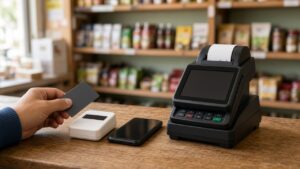 Dos máquinas para pagar con tarjeta sobre el mesón de un almacén en Chile, una pequeña junto a un celular y otra con impresora