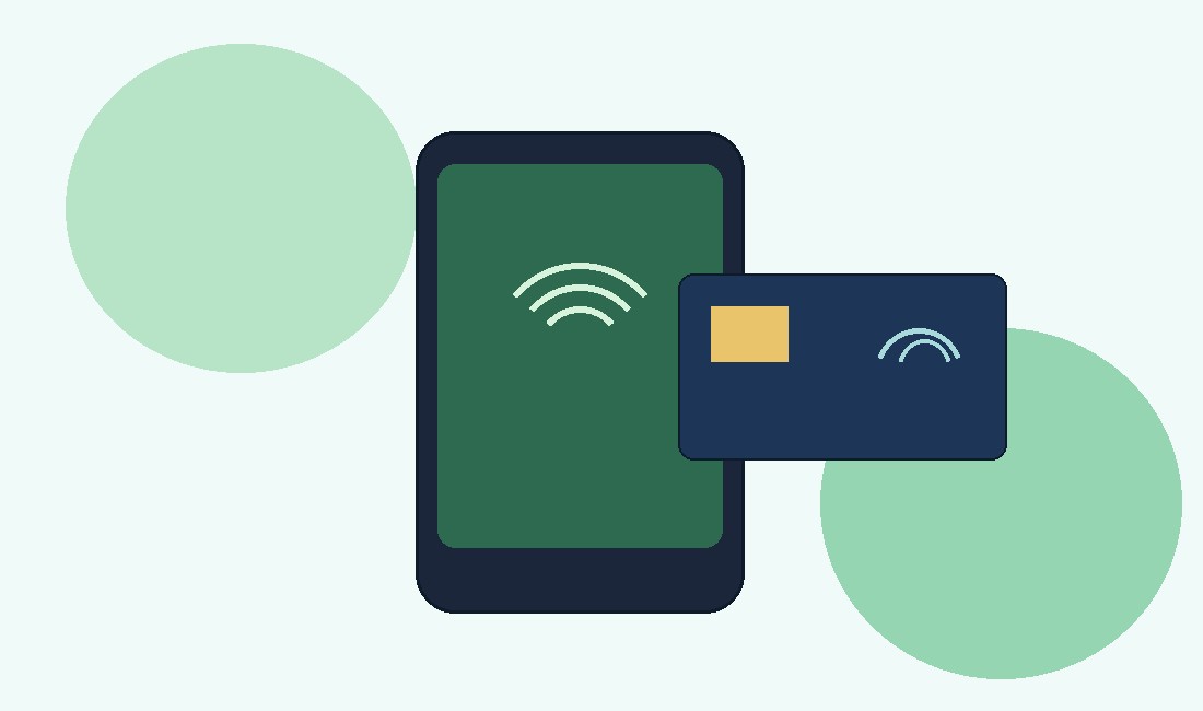 Ilustración de un celular Android recibiendo un pago contactless con tarjeta en Chile
