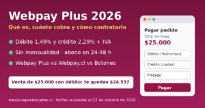 Webpay Plus 2026: comisión de 1,49% en débito y 2,29% en crédito + IVA, sin mensualidad, con formulario de pago de una venta de $25.000